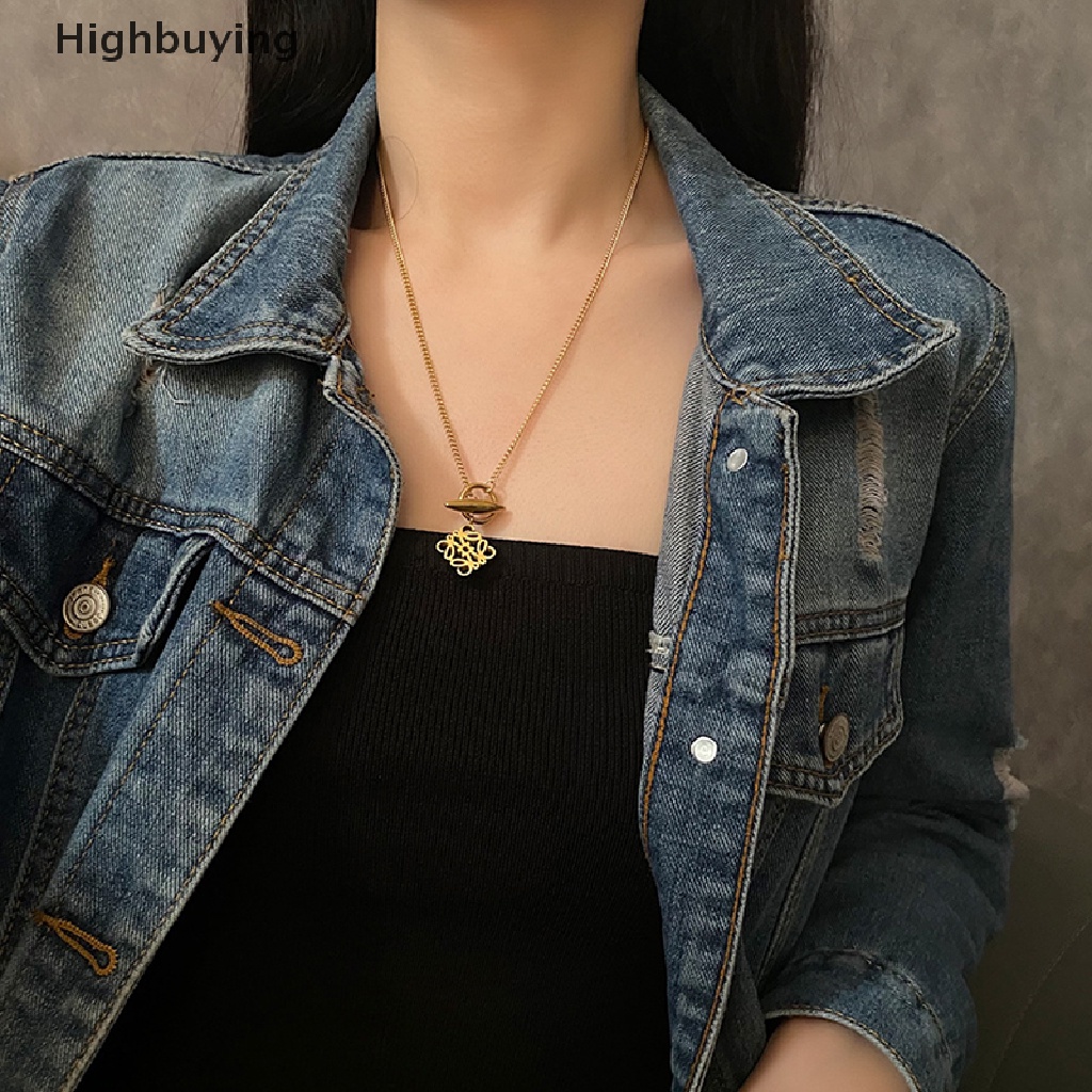 Hbid Kalung Titanium Steel Untuk Wanita Desain Pola Logam Liontin Rantai Sweater Rantai Choker Perhiasan Rantai Klavikula Emas Sweater Rantai Liontin Glory