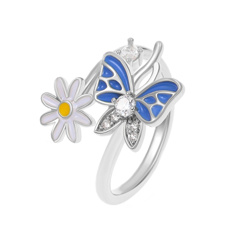 Ins Style Blue Drip Butterfly Ring Vintage Fashion Cincin Bunga Daisy Kuning Zircon Rings Untuk Wanita