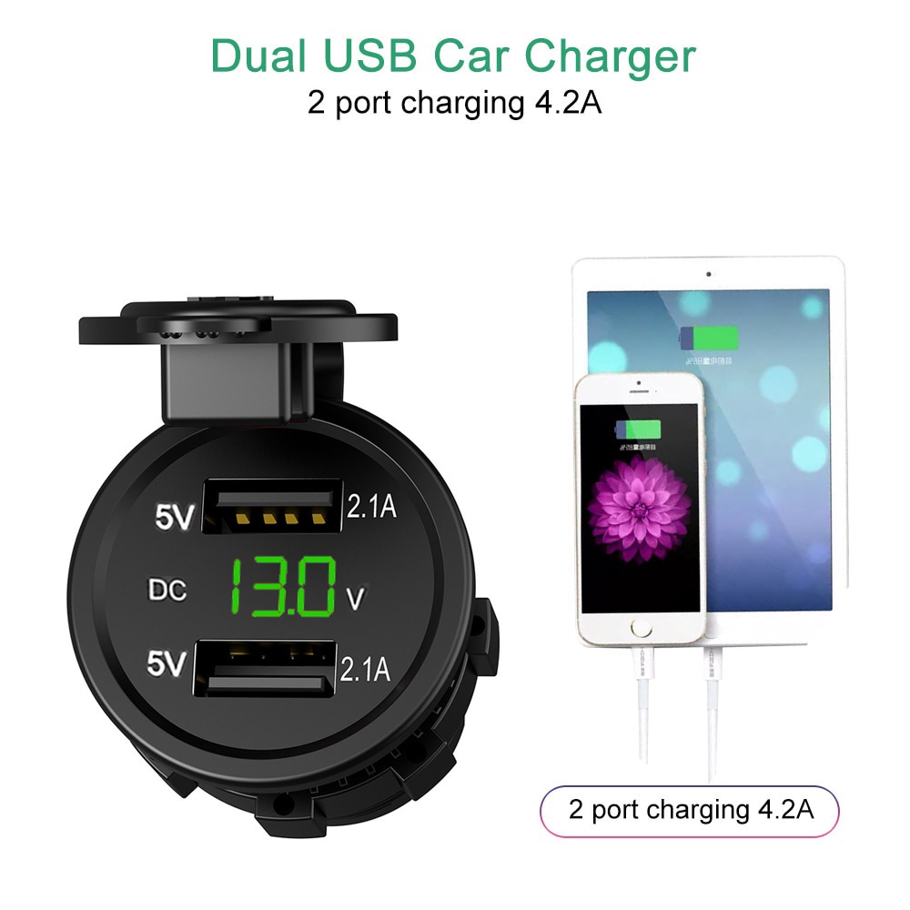 USB Charger 2 Port 4.2A Dengan Voltmeter Untuk Motor dan Mobil