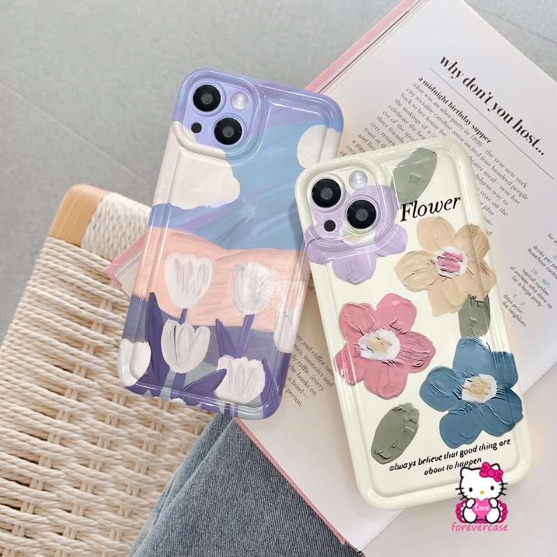 IPHONE Shockproof Airbag Back Case Kompatibel Untuk Iphone11 14 13 12 Pro MAX XR 6 6S 78 Plus X XS MAX Fresh Art Flower Tulips Lukisan Minyak Flowers Soft TPU Silicon Clear Phone Cover
