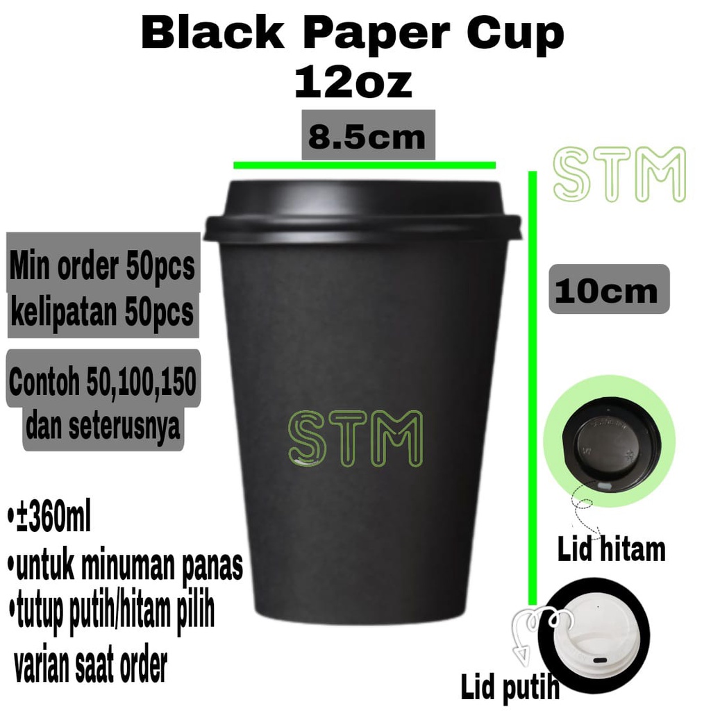 Black Paper Cup 12oz/Gelas kertas hitam 12oz isi 360ml/Cup Kopi/coffee