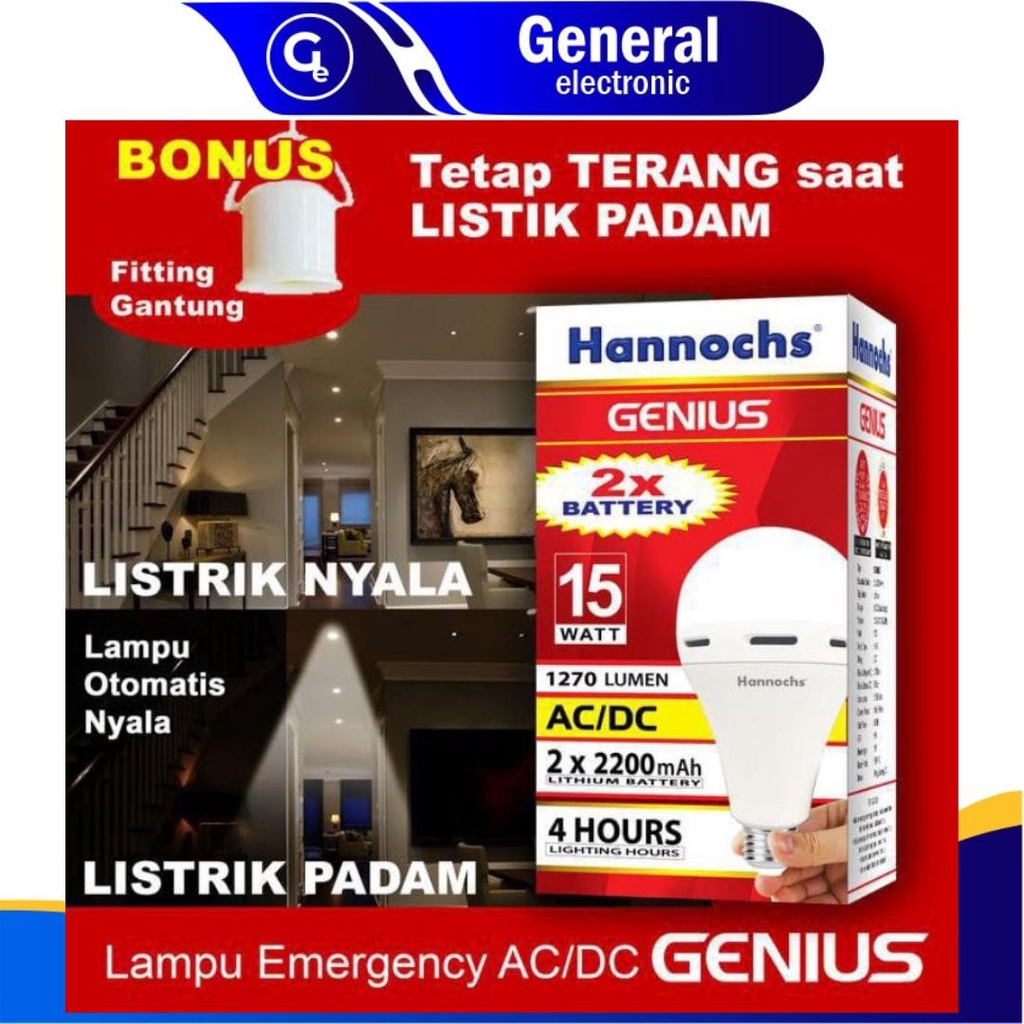 Hannochs Genius Lampu Emergency LED 8W / 10W / 12W / 15W Cahaya Putih