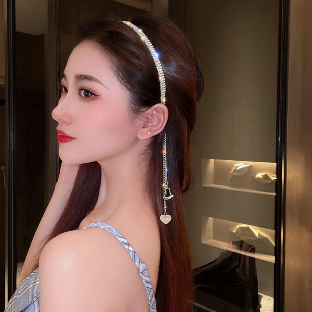Agustinina Gadis Rambut Hoop Elegan Retro Rantai Mewah Kristal Hairband Perjamuan Mengkilap Manis Belakang Gantung Ikat Kepala