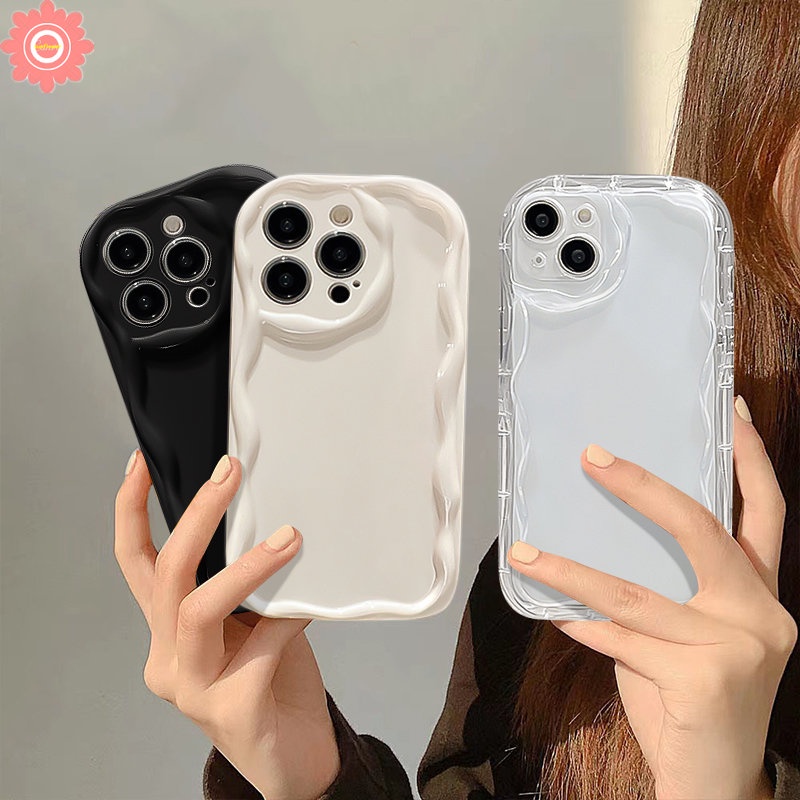 IPHONE Casing Ponsel Kompatibel Untuk Iphone11 7plus XR 12 13 14 Pro MAX X XS Max7 8 Plus SE 2020 Mode Sederhana Cat Air Gelombang Bingkai Bantal Halus Glossy Bergelombang Tepi Shockproof Soft Case