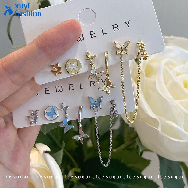 Anting Tusuk Emas Perak Sederhana Untuk Wanita Butterfly Drop Oil Hoop Earring Fashion Aksesoris Perhiasan