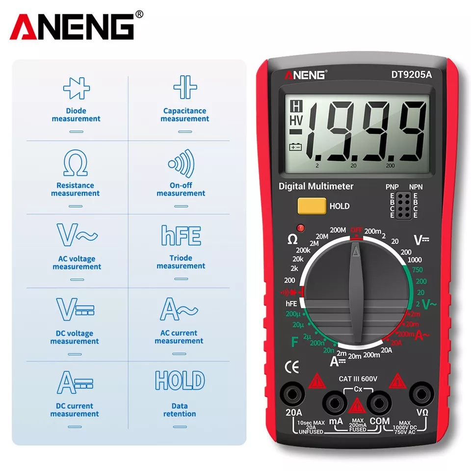 Digita Multimeter Avo Voltage Tester Profesional AC DC Alat Listrik AC DC bunyi otomatis Tester DMM Diode Kontinuitas Kapasitansi HFE Ohm Meteran Tegangan Arus 10A 20A 1000V  1999 NCV Multimeter Digital DT