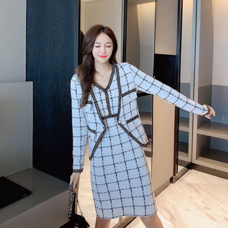 QUEEN SAKURA - Q6944SET - SQUARE KNIT SET DRESS & OUTER IMPORT - SETELAN DRESS DAN OUTER RAJUT PREMI