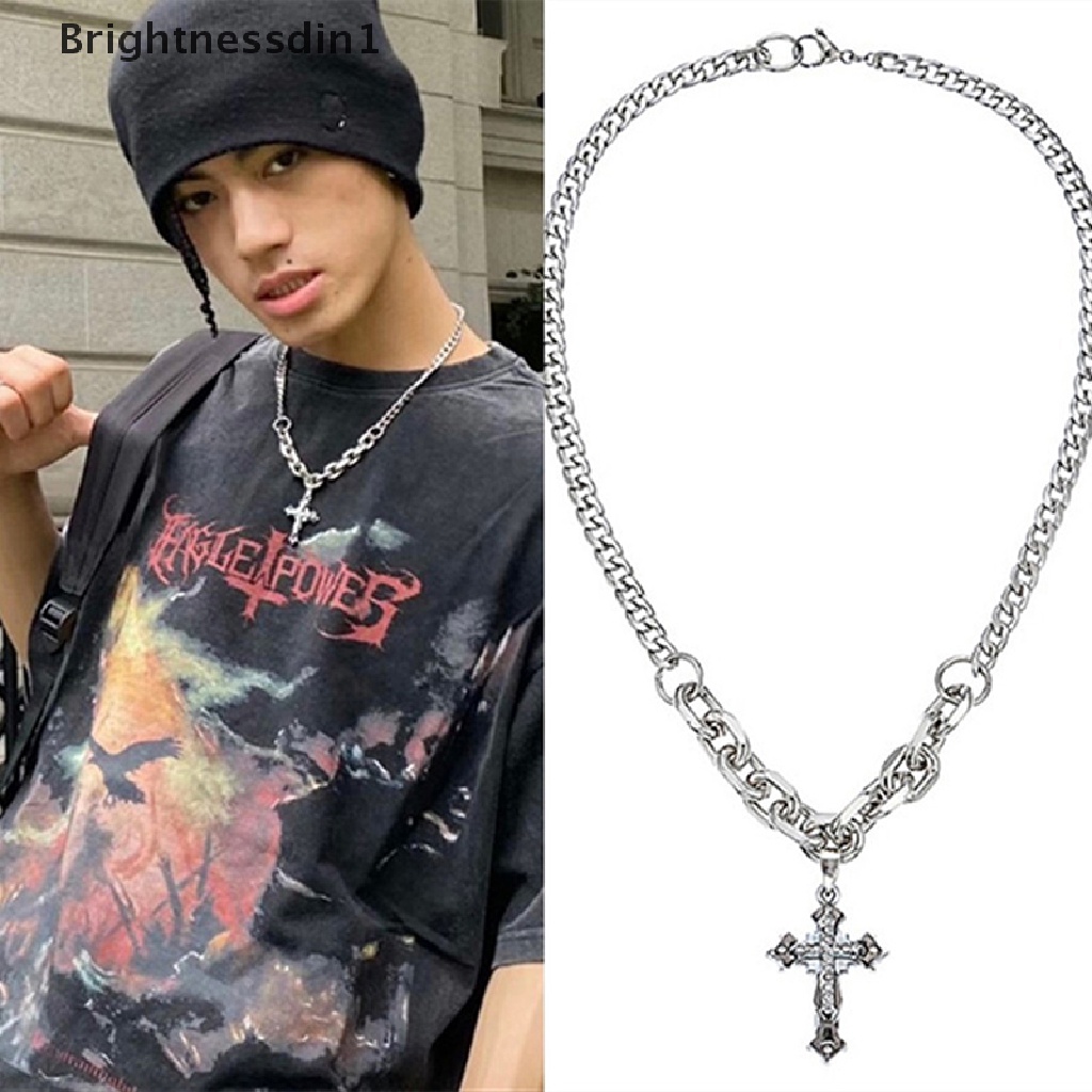 [Brightnessdin1] Emas Perak Salib Bertatahkan Berlian Liontin Kalung Datar Byzane Rantai Rantai Punk Perhiasan Pasangan Kalung Butik