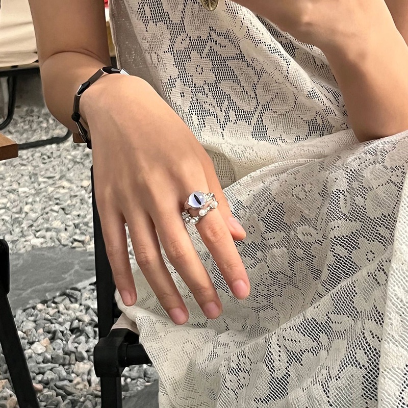Cincin Bayi Mata Kucing Bermata Besar Bahan Alloy Korea Warna Hitam Untuk Wanita