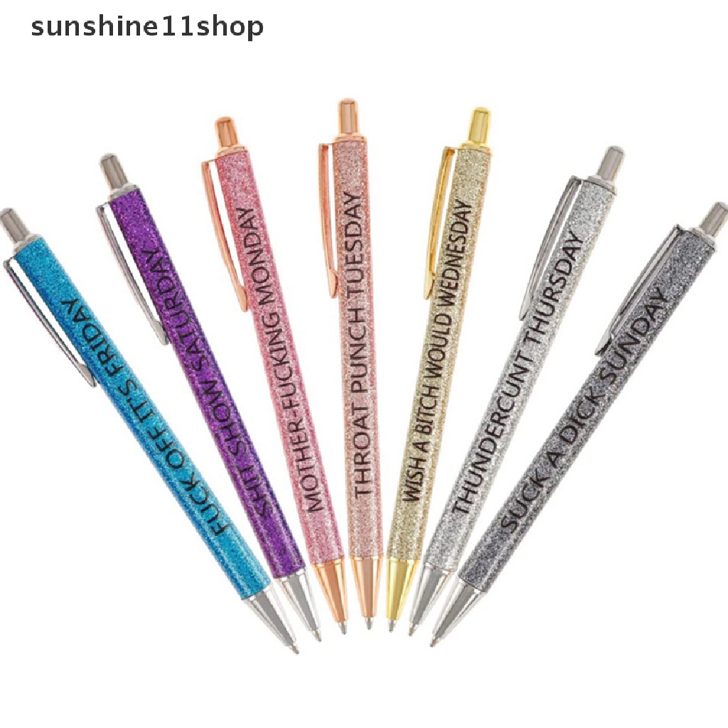 Sho 7pcs Pulpen Ballpoint Lucu Novelty Daily Pen Set, Gifta Kantor Ofensif, Weekday Vibes Glitter Pen Set N