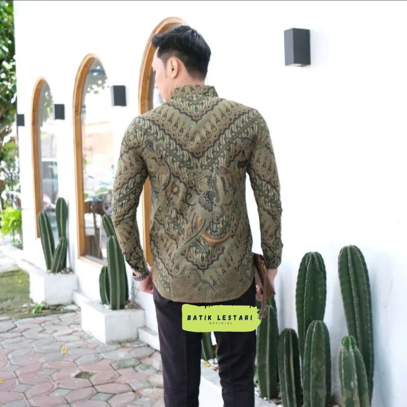 Kemeja Batik Pria Lengan Panjang SLIMFIT Motif Parang Seling Hijau Sage