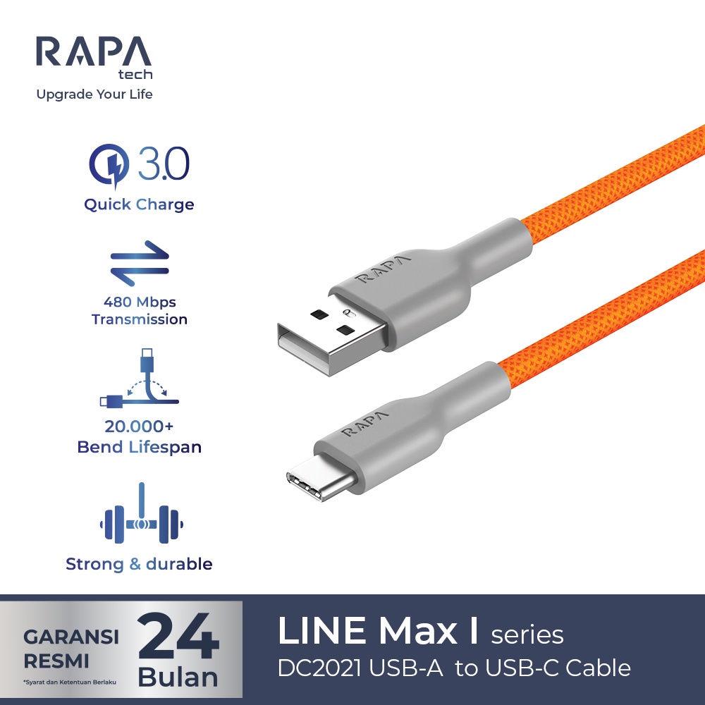 RAPAtech LINE MAX I ORIGINAL KABEL DATA TYPE C FAST CHARGING 3A USB-A to USB-C Cable [DC2021]