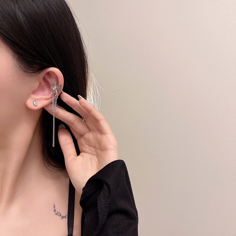 Kami Bunga Ins Trendi s925 Perak Rumbai Rantai Kupu-Kupu Klip Anting-Anting Untuk Wanita Perempuan Elegan Berlian Imitasi Kecil Studs Statement Cuff Earrings Perhiasan Hadiah