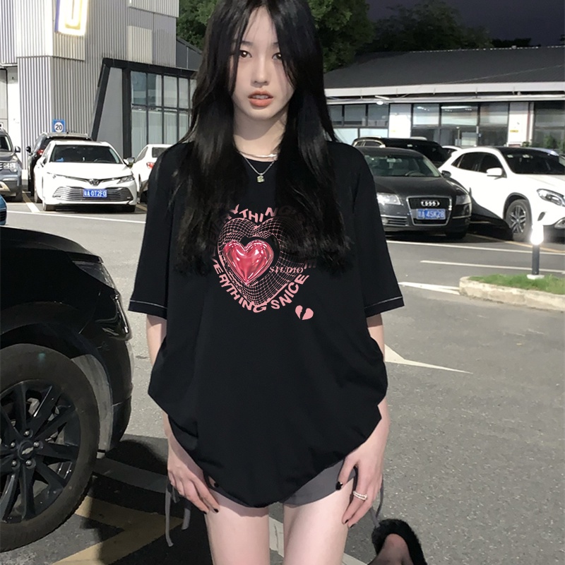 [3 Warna]Print T-shirt Kaos Lengan Pendek Graffiti Pink Heart Atasan Wanita Korean Style