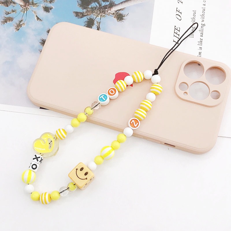 Smile Face Cube Bead Kuning Bergaris Manik Bulat Rantai Phone Strap Untuk iPhone Android OPPO VIVO Huawei Xiaomi Redmi Samsung