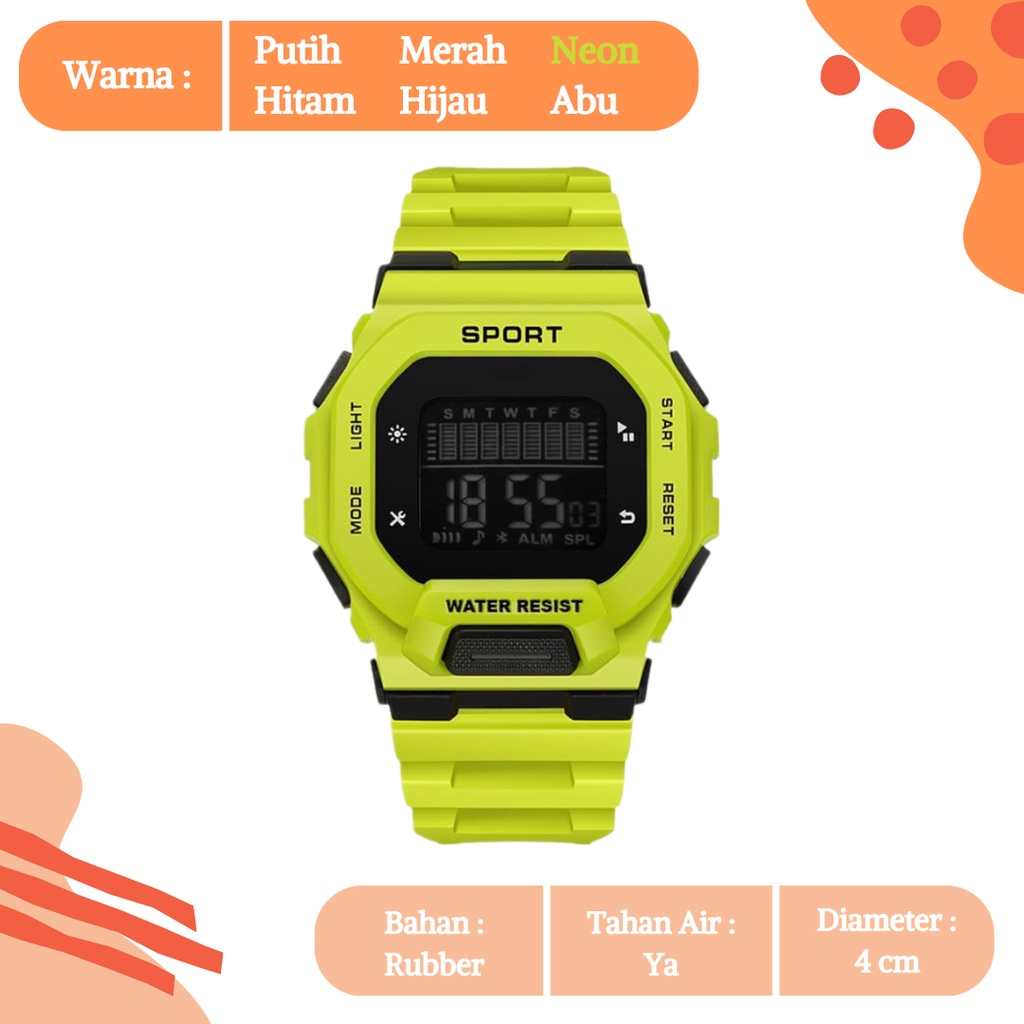 [COD] Jam Tangan Sport Digital Case Segi Water Resistant / Tahan Air Stop Watch Alarm Aktif