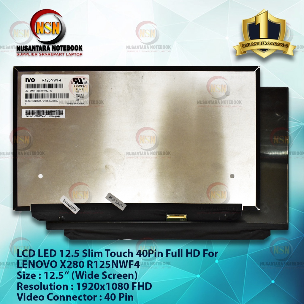 LCD LED 12.5 Slim Touch 40Pin Full HD 1920x1080 LENOVO X280 R125NWF4