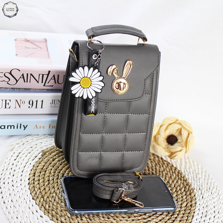 LUNA AURA Tas Kotak Hp Wanita Minixo Bordil Kunci Kelinci Black Nekkel DK 10 Tas Handphone Kekinian Tas Selempang Hp Tas Pouch Wanita Terbaru-Abu abu Gold