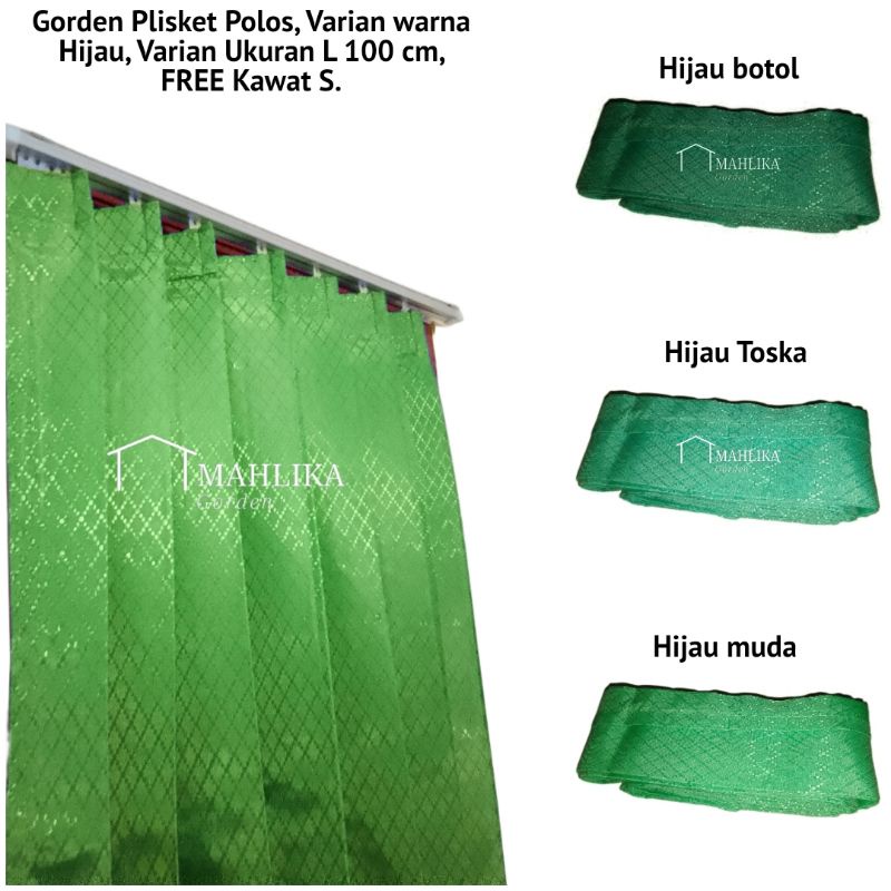 Gorden Sido Polos Plisket Tirai Pintu Jendela Warna Hijau, Ukuran L 100cm Gratis Kawat S