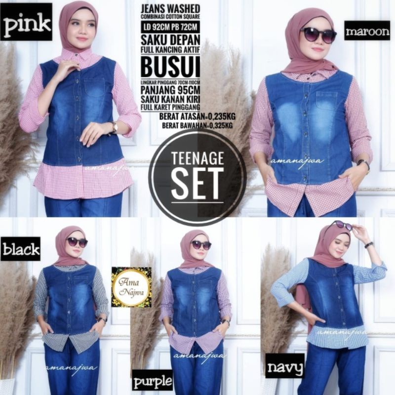 baju setelan jeans kombinasi tanage set jeans
