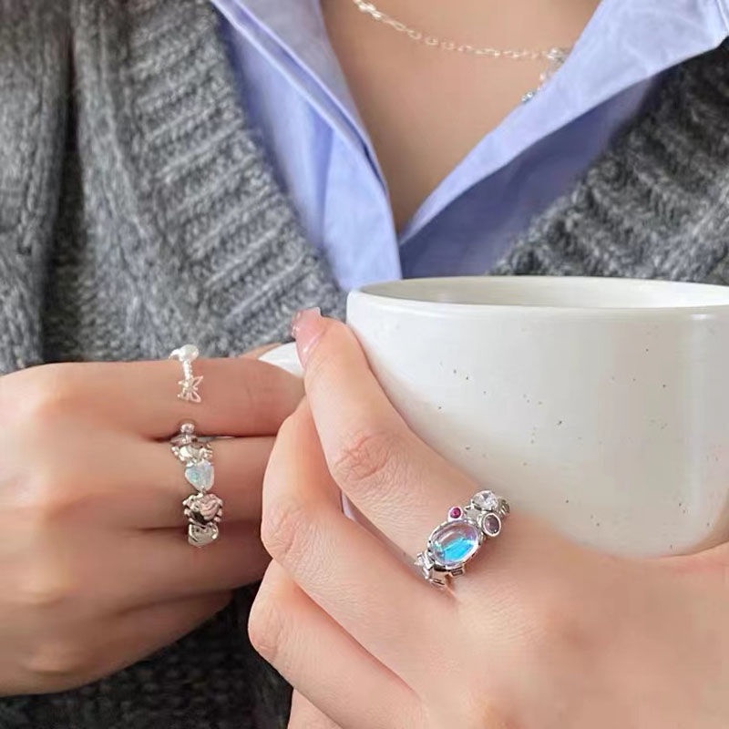 Colorful Moonstone Rings for Women Silver Zircon Open Ring Accessories