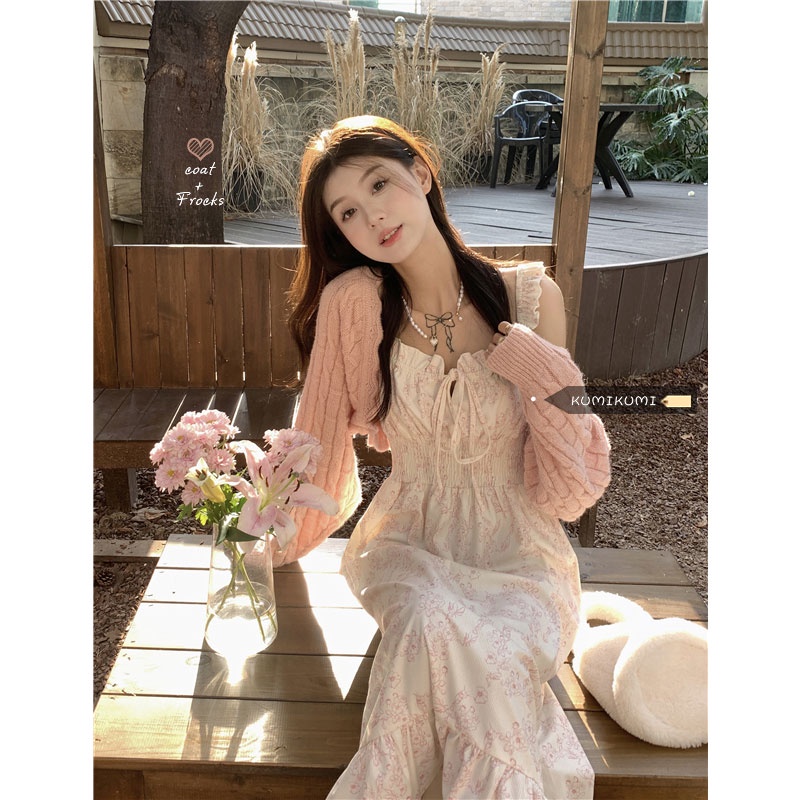 Red kumikumi suit wanita pendek sweter kardigan jaket musim semi bunga lembut rok suspender gaun dua potong set