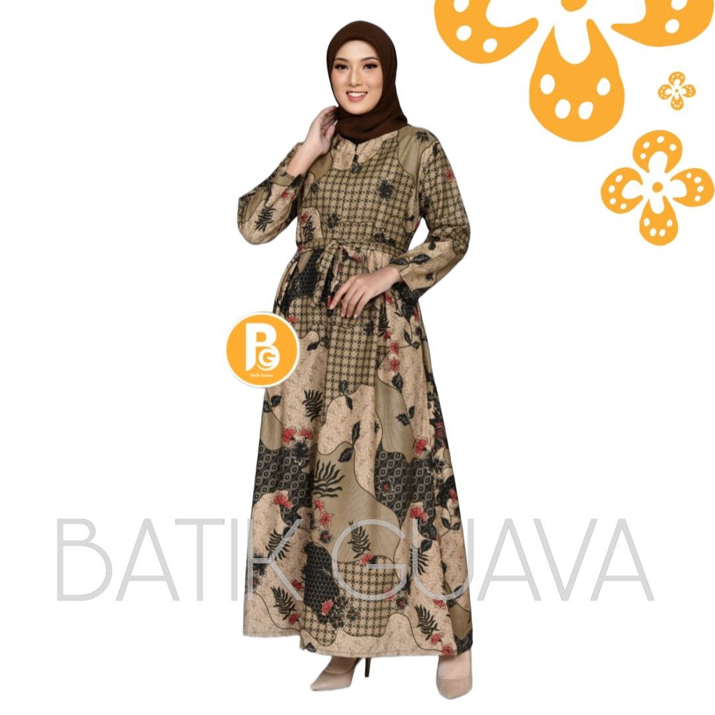 Maura Couple - Sania Ruffle Batik Couple Gamis Standar Jumbo Terbaru - Motif sekar jagad coklat - coksu - krem