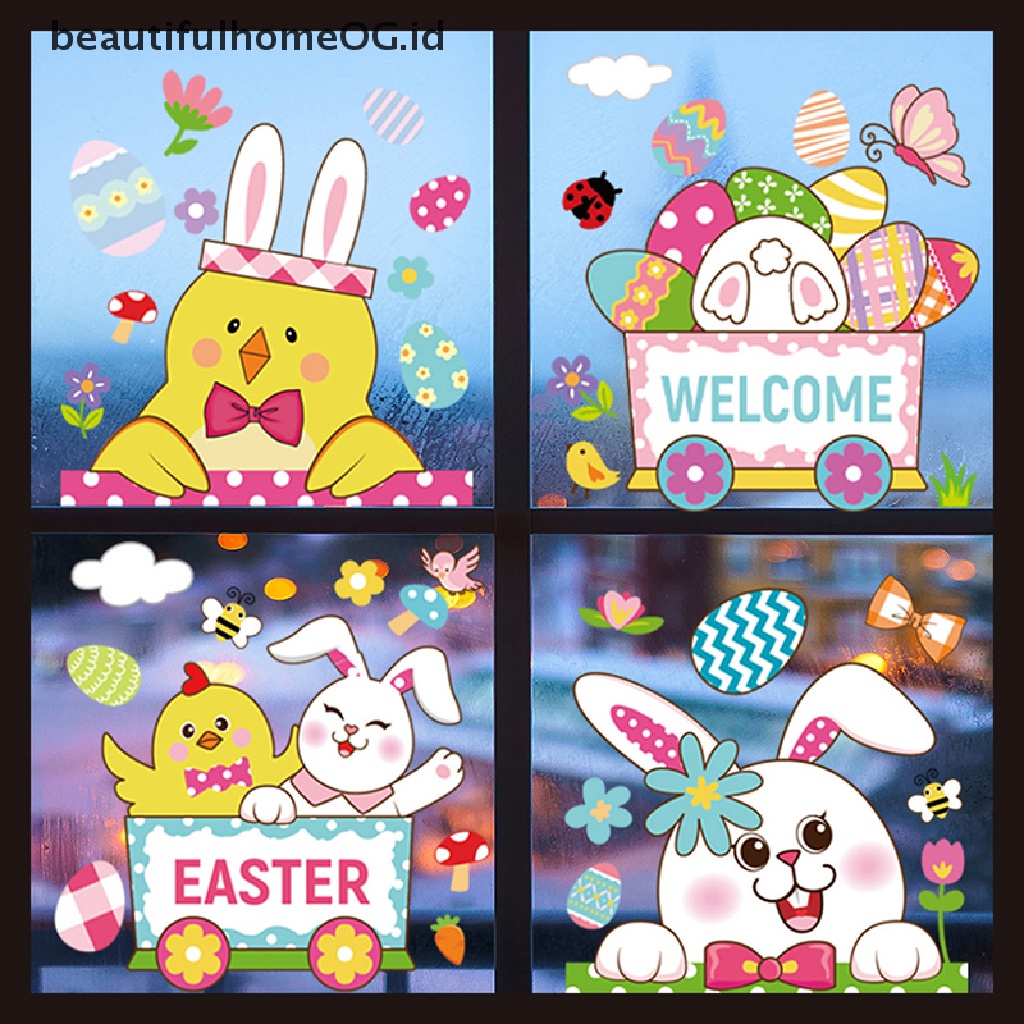 // Beautifulhomeog.id// 1Pc Stiker Jendela Kaca Happy Easter Colorful Bunny Eggs Wall Stickers 20x30cm **