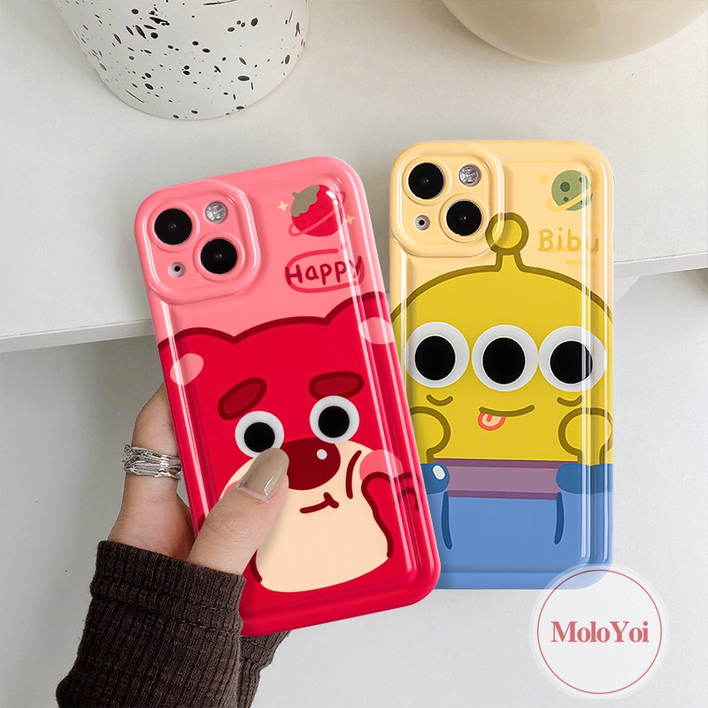 IPHONE Pasangan Imut Strawberry Bear Manyo Phone Case Kompatibel Untuk Iphone11 12 13 14 Pro MAX 7Plus XR 6 6S Plus 8Plus X XS MAX Kartun Alien Toy Story Shockproof Airbag Soft TPU Cover