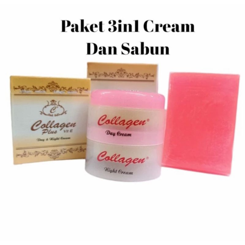 Paket Cream Collagen 3in1(Cream siang +Crem Malam+Sabun)Colaggen original