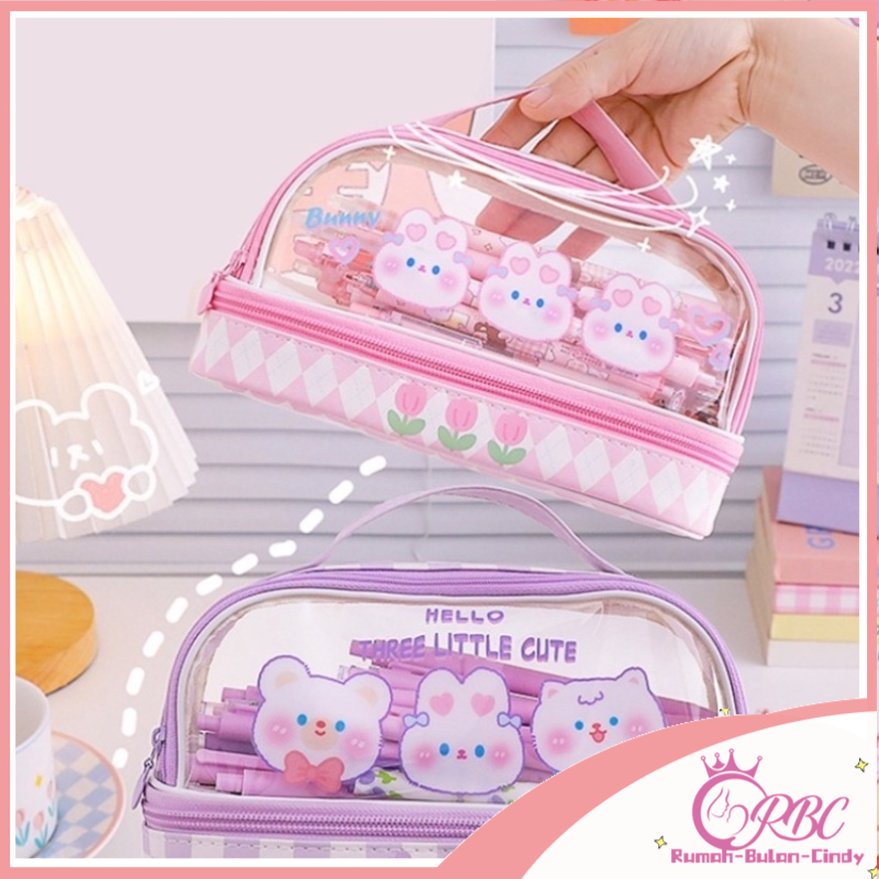 【Stiker 3D gratis】PVC Pencil  Kapasitas tinggi Case Kotak Pensil Sekolah Kapasitas Besar Dual Slot Trendy Stylish（Dapat menampung 70 pulpen）