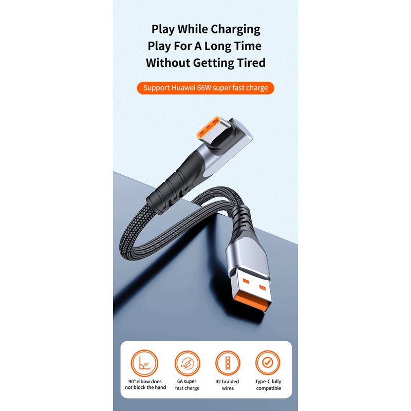 Kabel USB Tipe C 66W 6A Fast Charging SPC Untuk Samsung Kabel Charger USB C 90derajat Type C Kabel Data2/3M