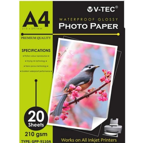 

VTEC Photo Paper Glossy A4 210 gsm V-Tec Kertas Foto Waterproof Vtec