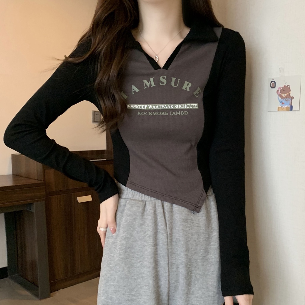 Red American Retro Penutup Tipis Perut Irregular Top 2022 Musim Gugur Gemuk MM Warna Kontras Polo Kerah Bahu Depan Lengan Panjang t-shirt Wanita