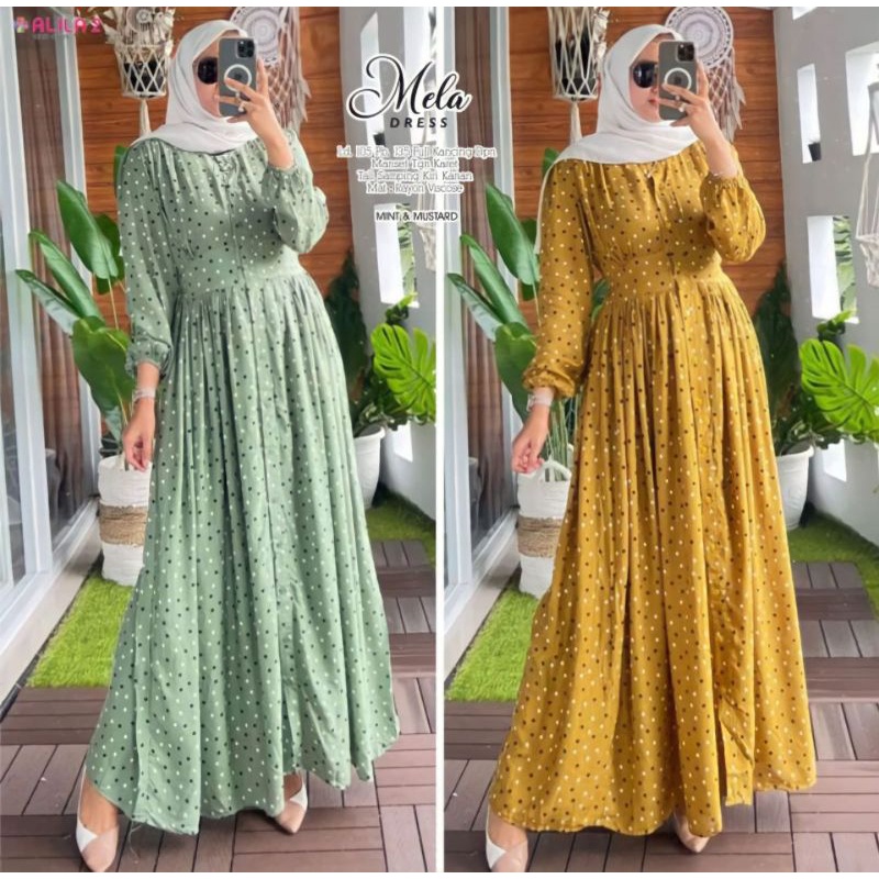 Mela dress by alila hijab cloth / gamis polka / baju polkadot / maxy dress busui kancing aktif sampa