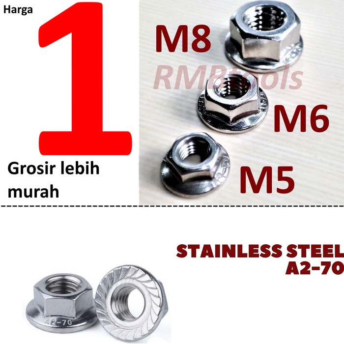Mur Flange Topi / Flange Nut M8 Stainless 304 A2-70 Baut 12 Kunci 13