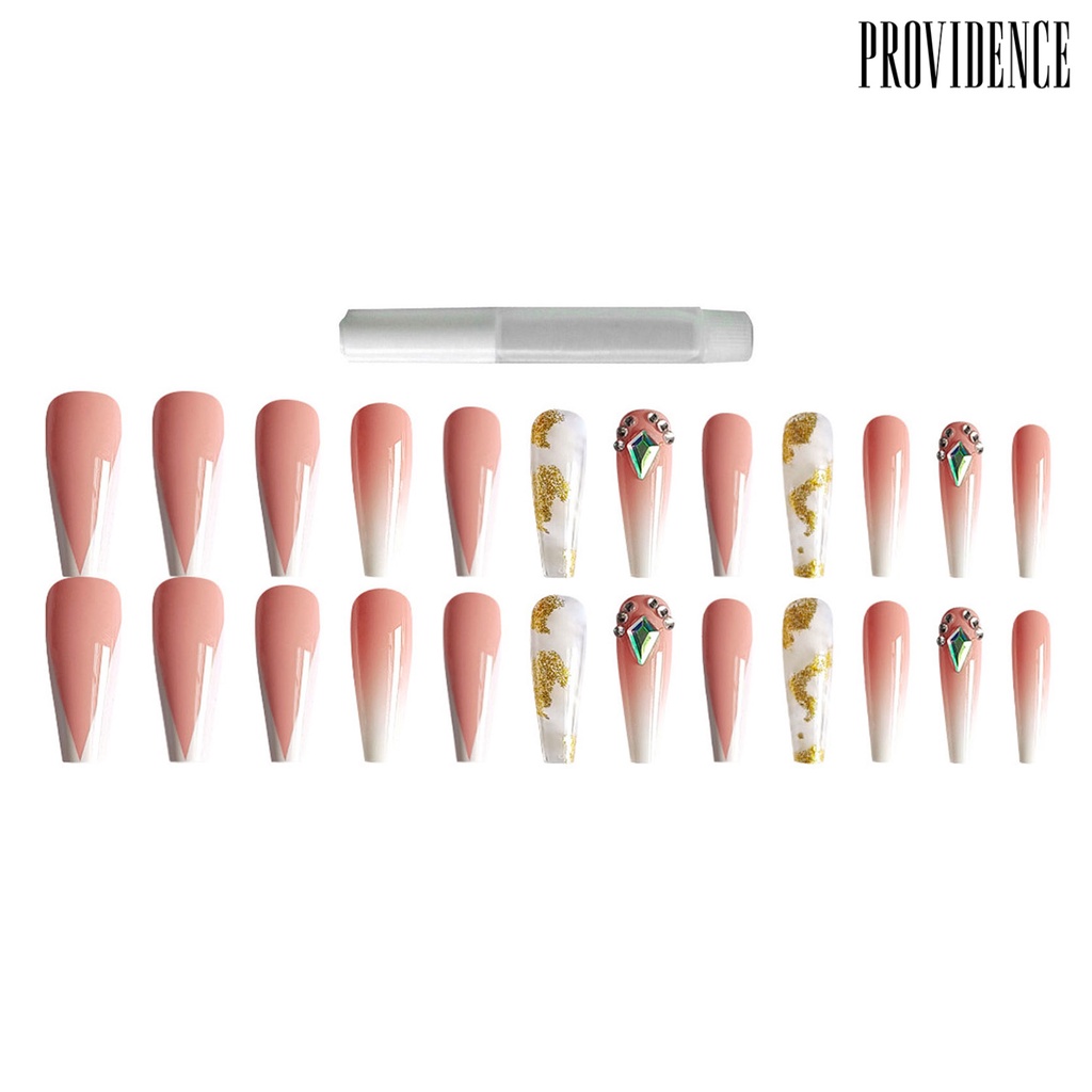 Providence 1set Kuku Palsu High Gloss Fadeless Tidak Dapat Pecah DIY Extra Long Pink White V-shaped Sparkling Fake Nail Salon Supply