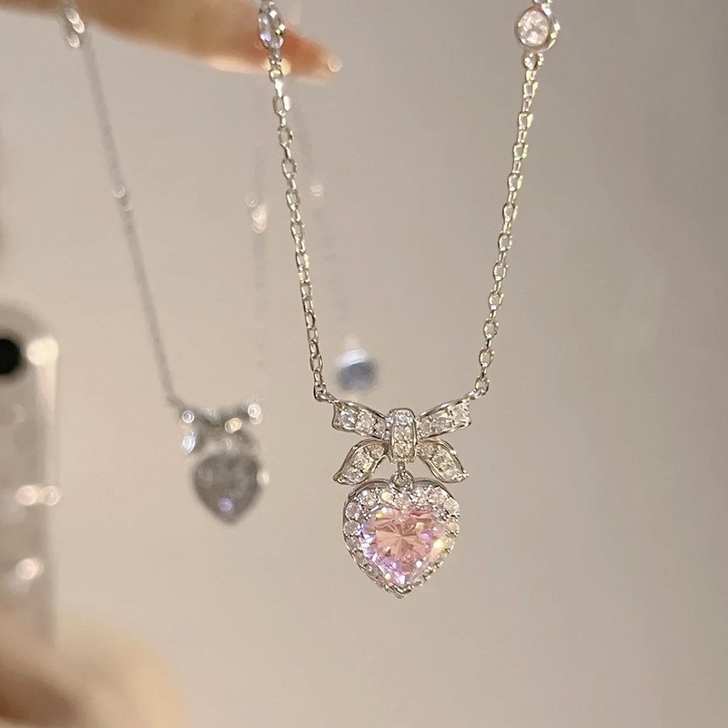 Sweet Pink Zircon Pendant Necklace Untuk Wanita Hati Perak Rantai Kalung Choker Y2K Aksesoris Perhiasan
