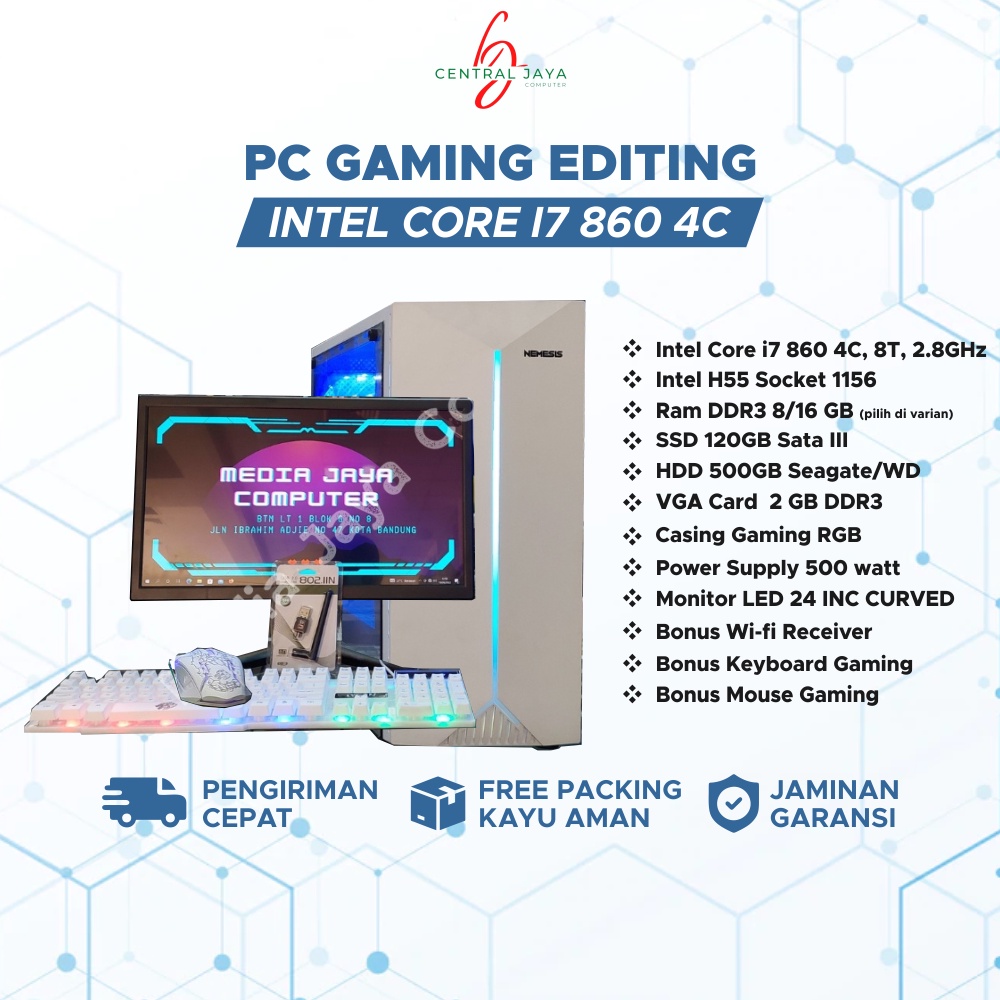 PC Gaming Editing i7 860 Ram 16gb HDD 500GB VGA GTX 750 TI 4GB Monitor LED 24 inch FULL SETT