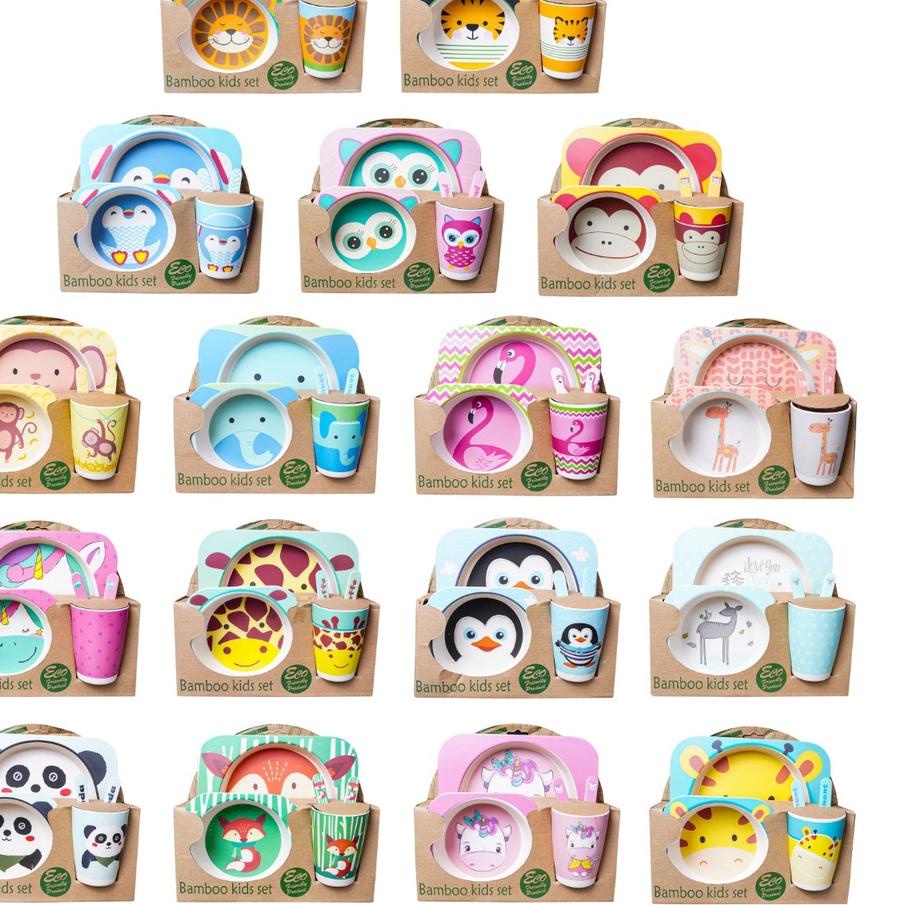 Terbaru dan terlaris 5 in 1 Kids Feeding Set / Set Alat Makan Anak bahan Bamboo Karakter Lucu / Piri