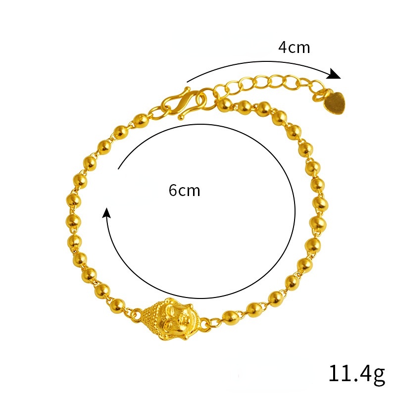 Goldkingdom Fashion Perhiasan 24 K Bangkok Aksesoris Ready Stock Baru Berlapis Emas Gelang Kepala Buddha Melubangi Fu Karakter Model Perempuan Retro Manik Rantai Penyesuaian
