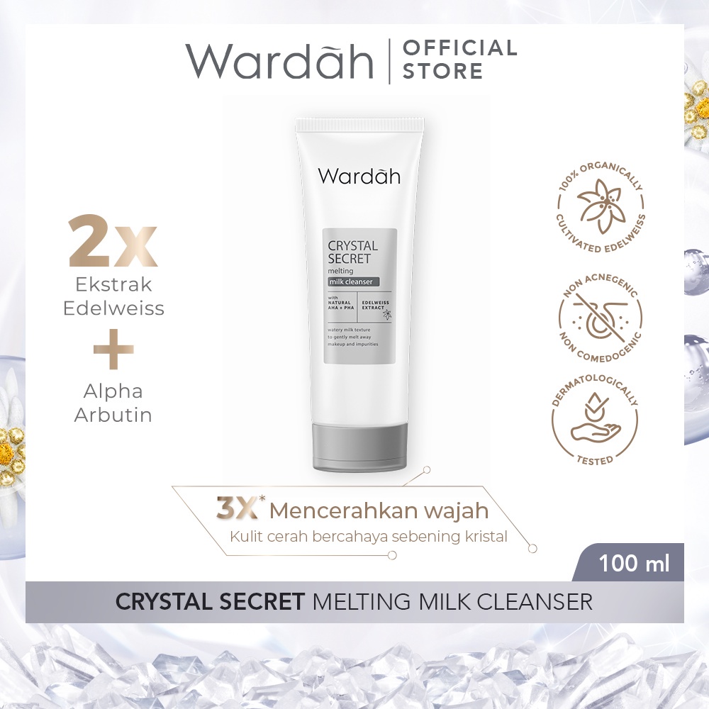 WARDAH Crystal Secret Melting Milk Cleanser Indonesia / Pembersih Wajah 100ml / With Natural AHA + PHA Edelweiss Extract / Watery Milk Texture To Gently Melt Away Makeup And Impurities Facial Wash Foam Cleansing Sabun Cuci Muka / Skincare Face Care Series