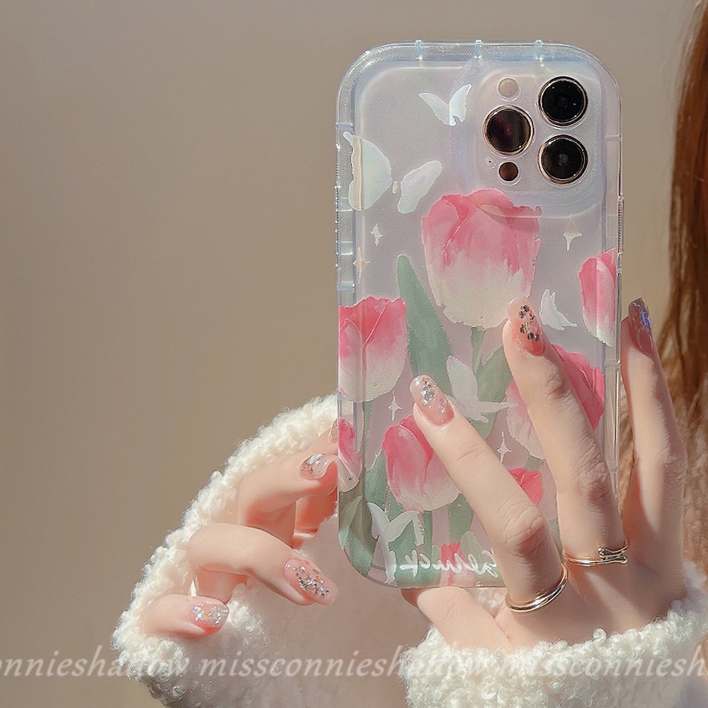 IPHONE Fashion Ins Korea Lukisan Minyak Tulip Case Kompatibel Untuk Iphone11 13 12 14 Pro Max 7Plus 8Plus XR 6 6s 8 7 Plus X XS Max SE 2020 Fresh Spring Flowers Shockproof Airbag Soft Cover