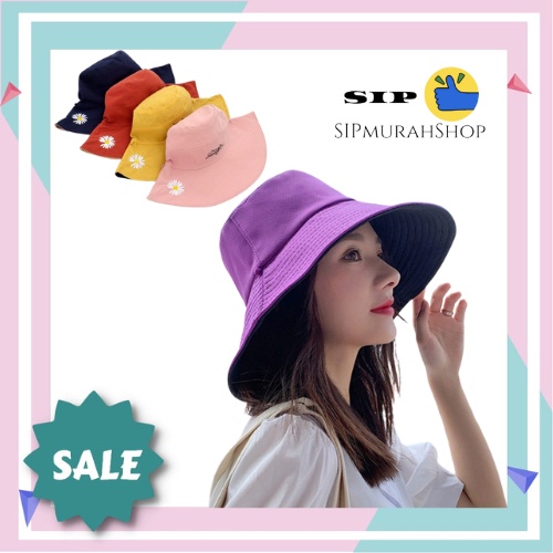 Topi Wanita Bucket Topi Pantai Bunga Daisy 2 Warna Luar / Dalam Import