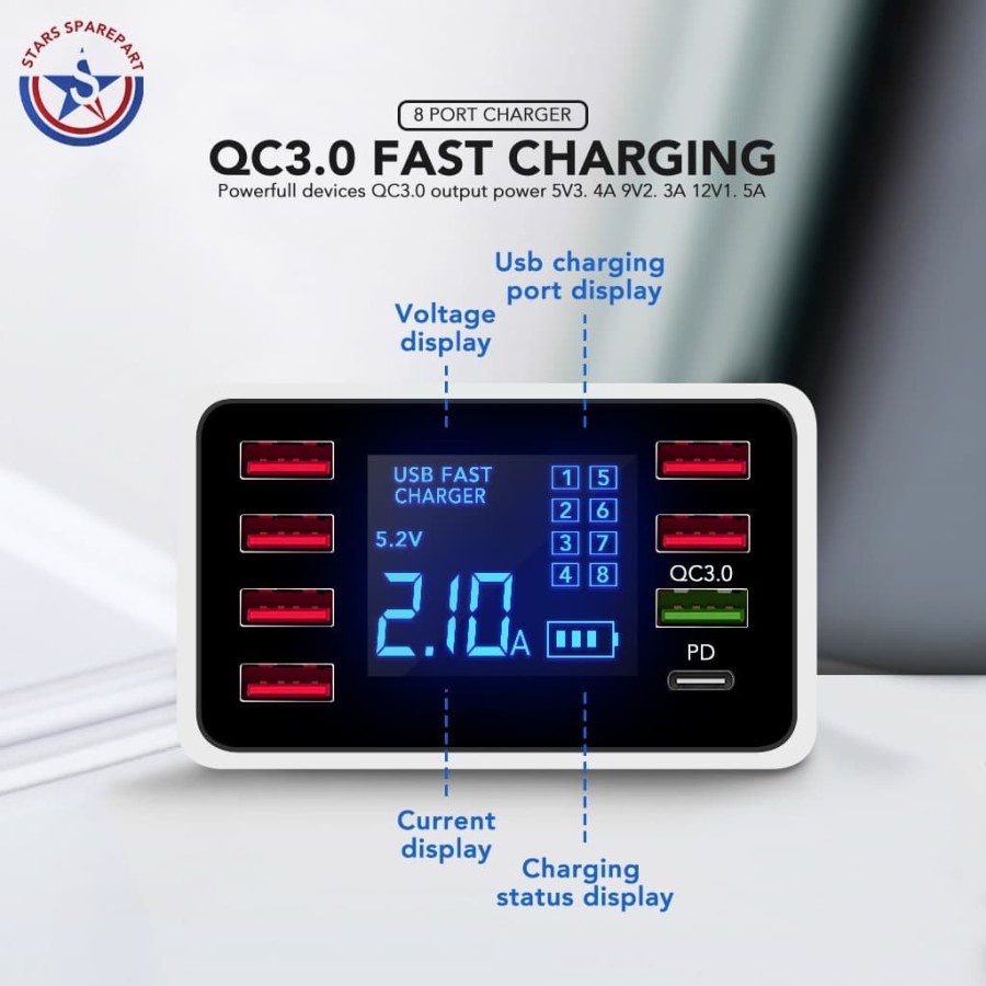 Trend-8 USB Port Multi Port Charger QC 3.0/PD Fast Charger LED Function 40W - F6_40W, 8 USB PORT