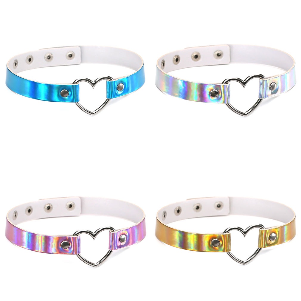 Kreatif Harajuku Laser Cinta Hati Choker Menarik Bercahaya Kulit Pu Kalung Rantai Leher Unisex Perhiasan Pesta