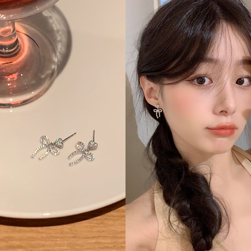 Roselife Korea Perak Bersinar Kristal Busur Menjuntai Anting-Anting Untuk Wanita Gadis Elegan Berongga Ikatan Simpul Stud Anting-Anting Pertunangan Pesta Perhiasan 1pasang