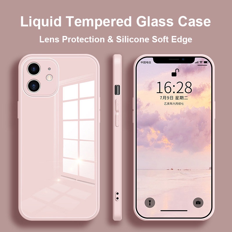 Square Full-Camera Pelindung Kaca Ponsel Case Untuk iphone14 13 12 11 Pro Max X XS Max XR 78 Plus Shell Silikon Cair