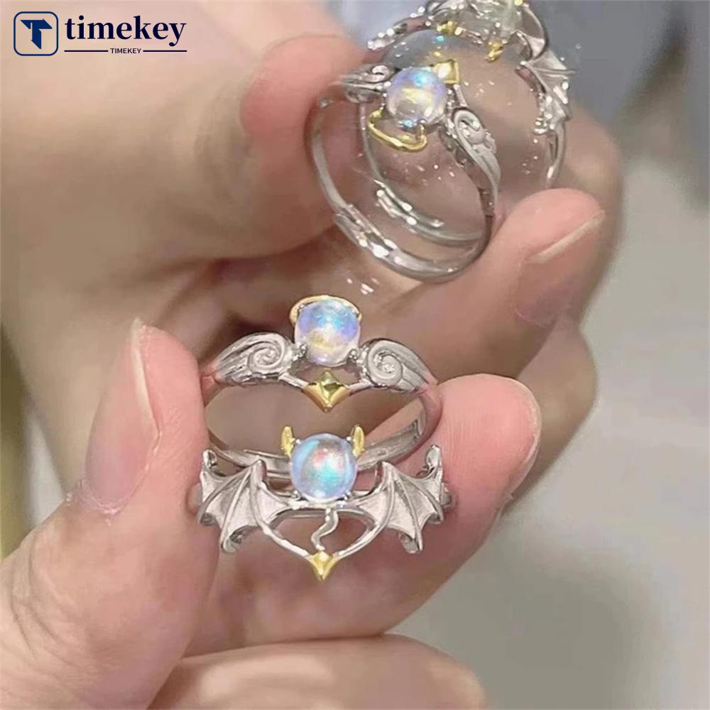 Timekey Vintage Moonlight Batu Cincin Kreatif Malaikat Dan Setan Cincin Pasangan Perhiasan Cincin Alloy Yang Dapat Disesuaikan Untuk Pria Wanita I1W1