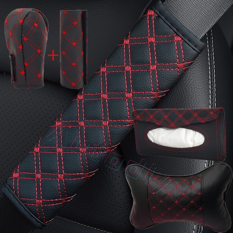 Wine Red Car Decoration Accessories Set Seat Belt Cover Set Kulit Kotak Tisu Mobil Gear Penutup Rem Tangan Armrest Pad Headrest Cushions Pillow Set